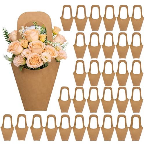 Flower Bags 50 Packs Flower Bags for Bouquets Kraft Paper Flower Gift Bags With Handle Suitable for Flower Shops Flower Bar Weddings Valentines Day Birthday Parties Thanksgiving Home Decoration (13.8 Inches)