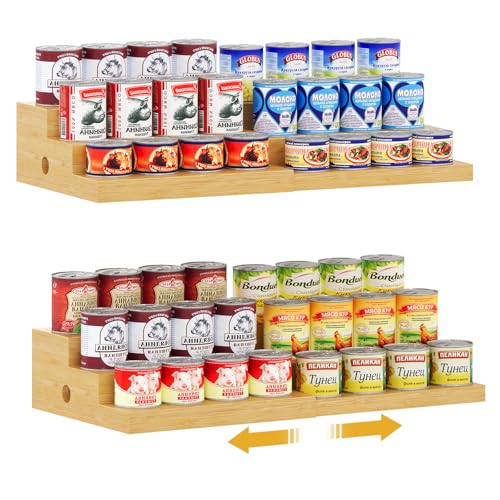 2-Pack Expandable Bamboo Can Organizer for Pantry Display, Holds 48 Cans | 3-Tier Adjustable Can Storage Holder, Soda & Canned Food Organizer Rack for Cabinets & Countertops (Patent Pending)