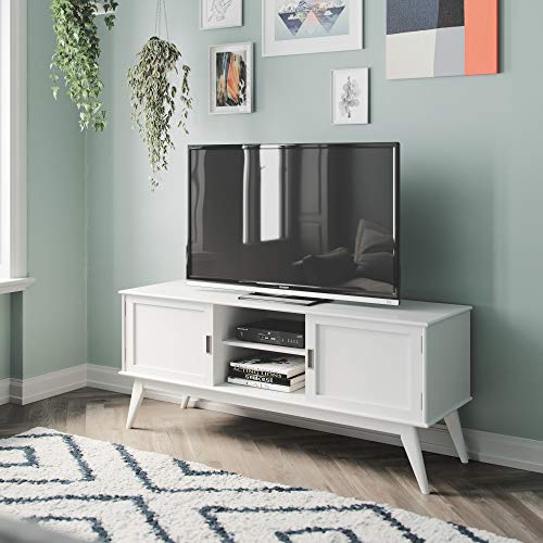 Simpli Home Draper SOLID WOOD Universal Low TV Media Stand, 60 inch Wide, Modern Industrial, Living Room Entertainment Center, Shelves, Cabinets, for Flat Screen TVs up to 70", White