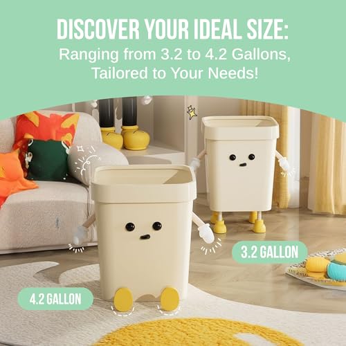 Image of 3.2-Gallon Cute Kids Trash Can - Durable Waste Basket Perfect for Kids Rooms, Classrooms, Pediatric Clinics - Beige Square-Shaped Trash Bin w /Arms & Legs - Comes with Removable Trash Bag Holder