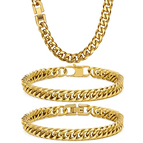 3PCS Cuban Link Bracelet Necklace, Gold Sturdy 316L Stainless Steel Cuban Link Chain for Men Jewelry Set 8mm, 7/8/9 Inches