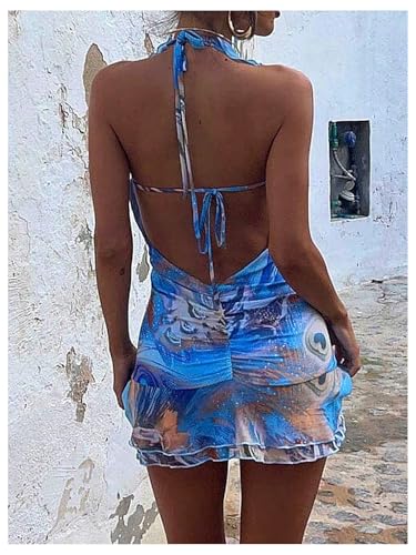 MakeMeChic Women's Halter Dresses Ruffle Deep V Neck Backless Bodycon Sexy Mini Dress2