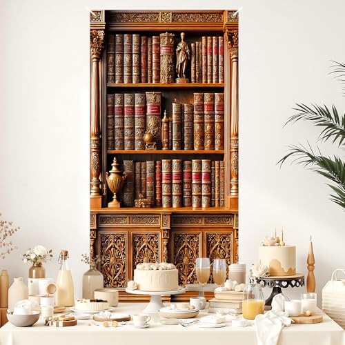 Image of Vintage Library Bookshelf Door Cover, Antique Books Faux Bookcase Door Decorations, Polyester Dark Academia Door Banner Indoor Outdoor 35.43 x 70.87 Inch