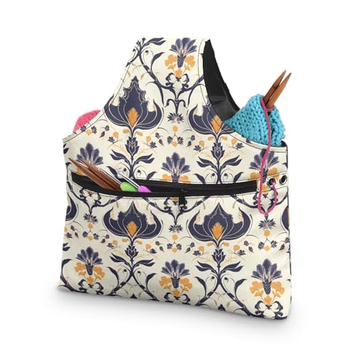 Image of ZUXONGSY Damask Floral Knot Yarn Tote Bags for CrochetingH Portable Yarn Bags for Crocheting on The Go Travel Yarn Storage Handbag