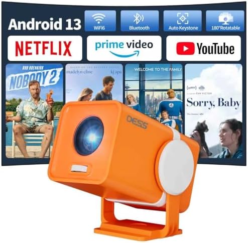 Dess Mini Projector,Portable projector with wifi and bluetooth,Outdoor projector Can Be Powered By Power Bank,Small Movie Projector,180° Rotatable,Andriod 13,Built-in App,Auto Keystone,T1(Orange)