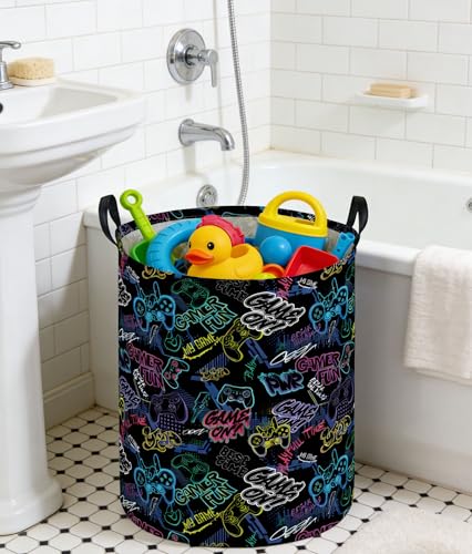 Image of Kids Laundry Basket Boys Laundry Hamper Kids Collapsible Canvas Waterproof Storage Bin for Boys Baby Nursery Hamper Gift Baskets for Bedroom(Cool games)