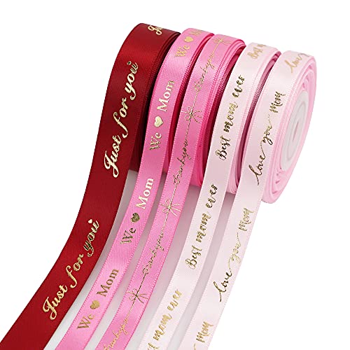 MEEDEE Pink Ribbon for Gift Wrapping Thank You Just for You Ribbon Mothers Day Gift Box Double Face Satin Assortment Thin Pink Satin Fabric 5 Rolls 10 Yards Each Total 50 Yards