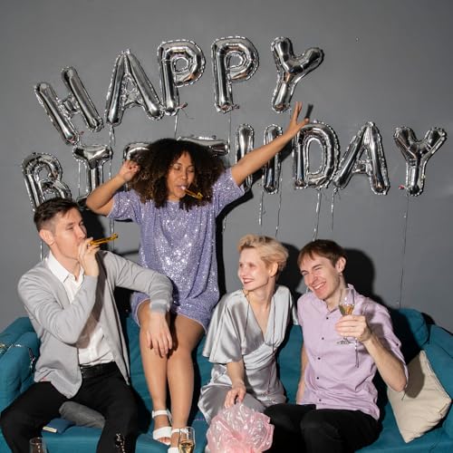 Image of Silver Happy Birthday Balloon Banner Set -16 Inch Foil Letters Balloons, Reusable Birthday Decorations and Party Supplies, Suitable for Men and Women's Birthday Decorations,Party Backdrop