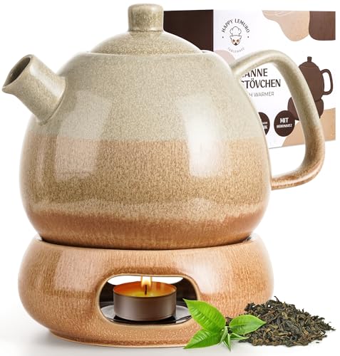 Happy Lemuro Keramik Teekanne mit Stövchen und Sieb - 1,4 l - Große...