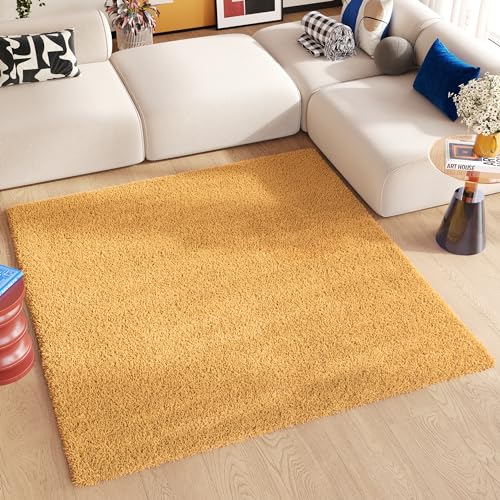 TAPISO Essence Teppich Quadratisch Shaggy Hochflor Langflor Senfgelb Gelb Einfarbig Weich Modern...
