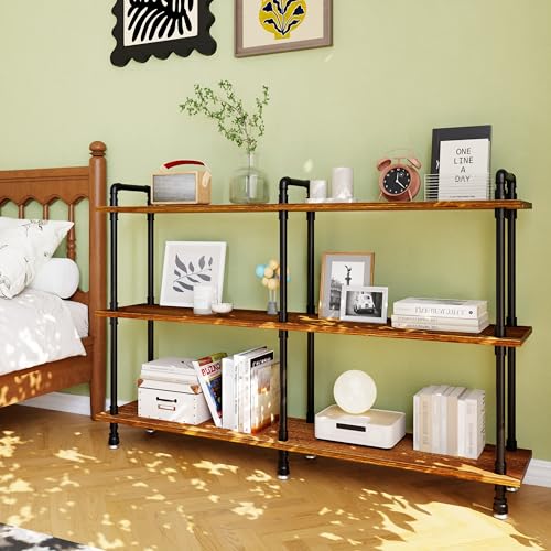 Industrial Bookshelf, Rustic Open Bookcase, 3 Tier Wide Wood and Metal Bookshelf, Solid Pine Wood and Iron Pipe Long Storage Shelf Wide Open Storage Shelf for Living Room Office Bedroom Kitchen