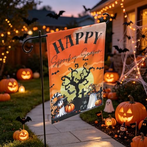 Image of Happy Spooky Season Halloween Garden Flag 12x18 Inch Double Sided Ghost Pumpkin Outdoor Decor Yard Flag