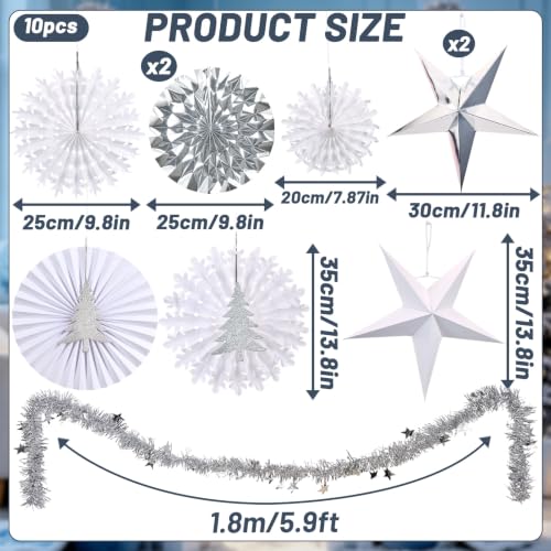 Image of Christmas Snowflake Decorations, White Paper Snowflakes Hanging Decor, Winter Wonderland Snowflake Paper Fans, Silver Paper Stars, Tinsel Garland for Xmas Wall Backdrop Frozen Birthday Party Supplies