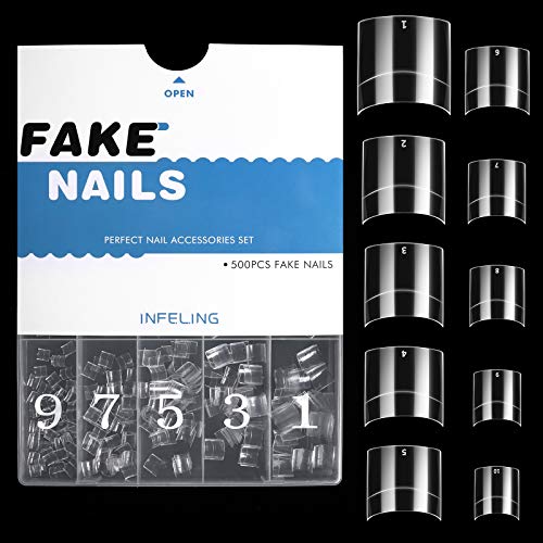Short Nail Tips - Clear Nail Tips for Acrylic Nails, 500pcs Short Square Nail Tips INFELING Half Cover French Nail Tips with Case Fake False Nail Tips for Home Salon Use