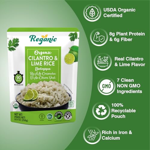 Image of Reganic Organic Rice Variety Pack - Whole Grain Brown Rice & Cilantro Lime Rice (6 Each) | High Protein, High Fiber, Ready in 1.5 Minutes | USDA Organic, Vegan, Gluten-Free, Non-GMO | 8.8 oz (Pack of 12)