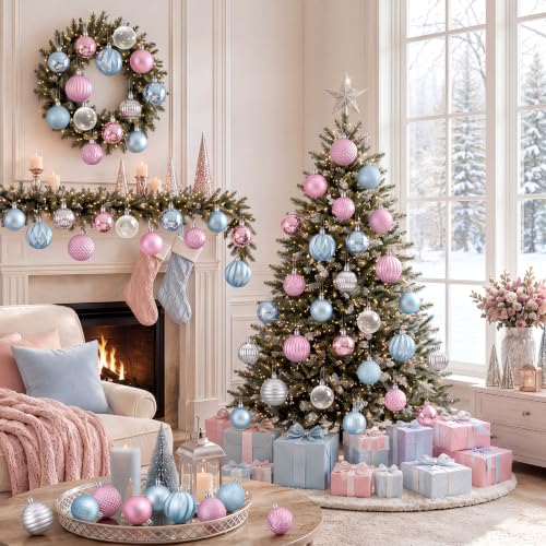 Image of Lunmon 64 Pcs Pastel Christmas Ball Ornaments Pink Blue Silver Xmas Bulbs