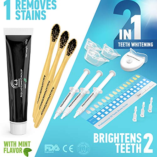 AquaHomeGroup Teeth Whitening Kit with LED Light - Snow Whitener Set with Charcoal Toothpaste and Brushes - Tooth Whitening System All in One Carbamide Peroxide 3 X 3ml Gel Syringes