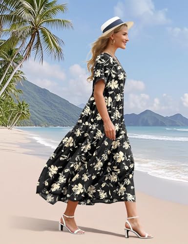 Image of YESNO Women's Summer Maxi Dresses Casual Floral Short Sleeve V Neck Boho Beach Vacation Swing Dress with Pockets EVF
