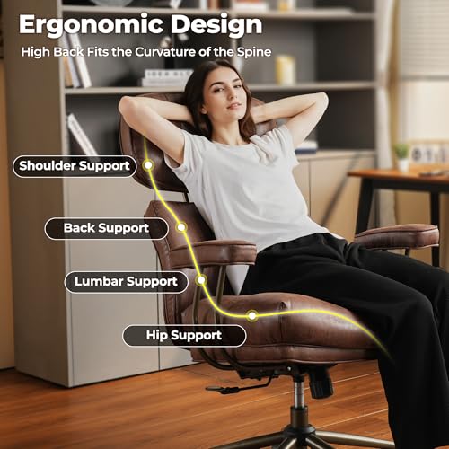 Image of ovios Ergonomic Office Chair, High Back Faux Leather Executive Chairs with Thick Cushion, Comfy Mid-Century Modern Swivel Rolling Computer Armchair (Dark Brown, Suede Leather)