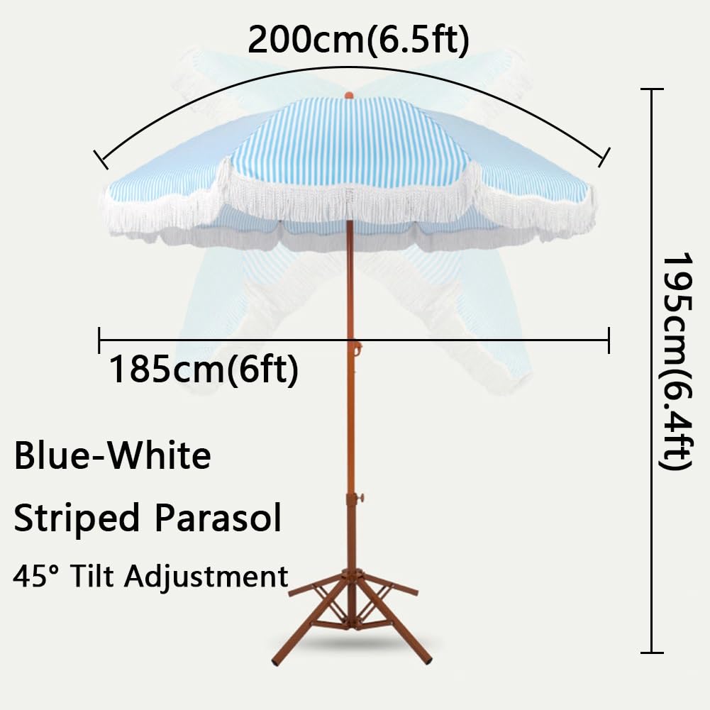 Parasol Ogrodowy Boho z Frędzlami 200 Cm z Regulacją Nachylenia, W Paski, z Filtrem Upf50+, na Trawnik, Basen, Stół Ogrodowy