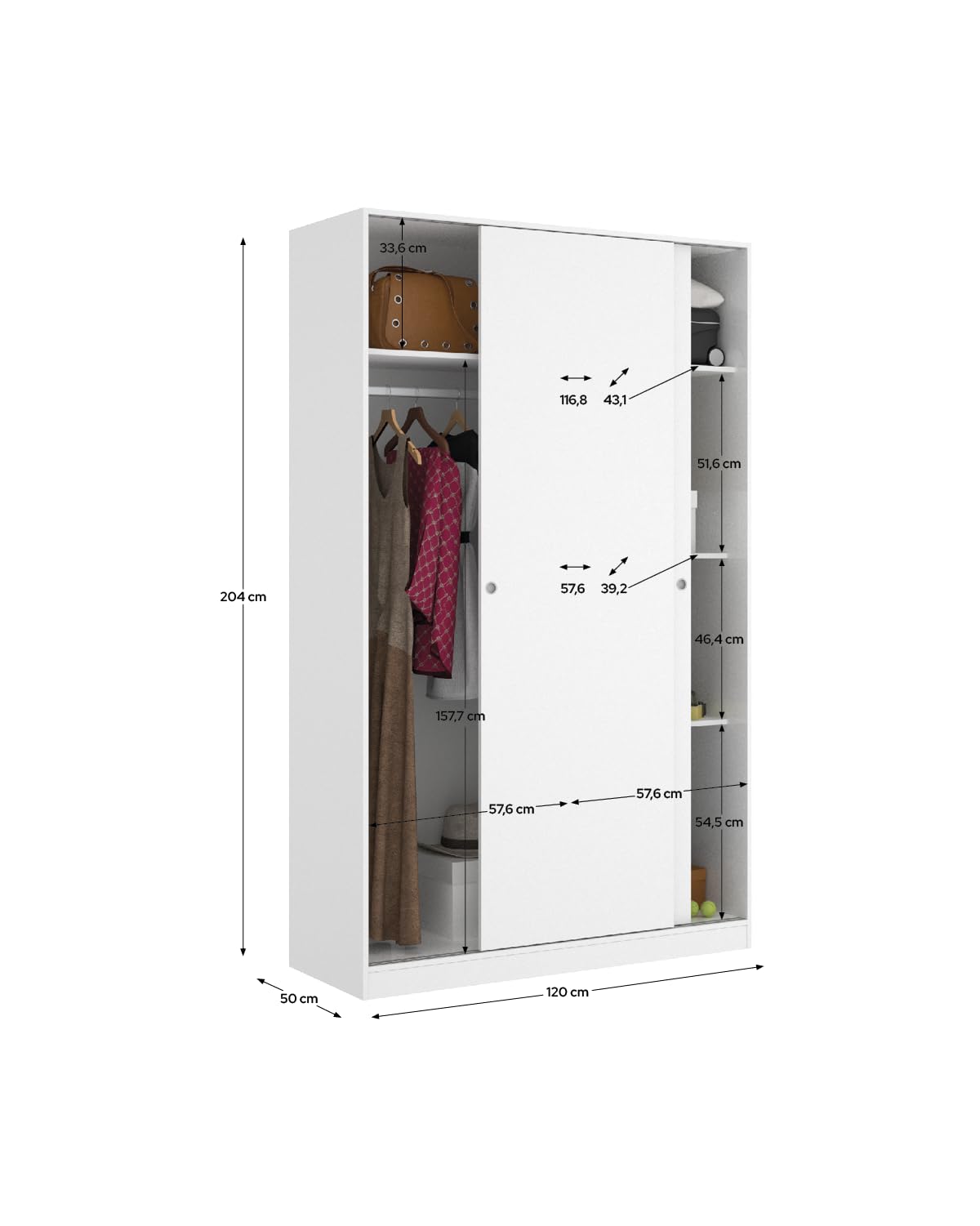 DEKIT Grupo RIMOBEL Slide - Armario de Puertas correderas con Barra para Colgar y estantes - Blanco - 204x120x50 cm
