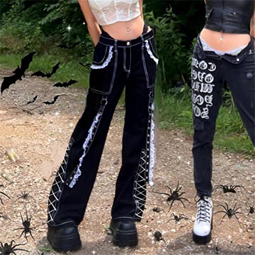 Punk Emo Jeans Vrouwen Baggy Joggers Tie Up Denim 90s Gothic Emo Cargo Broek Broek Hippie Wide Pen Pants - Image 5
