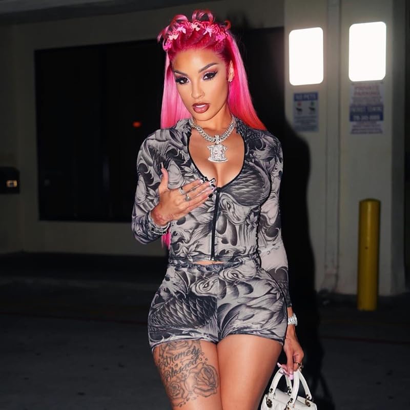 Mandonce Mesh 2 Piece Sets for Women Printed Zip up Mesh Shirt and Shorts Bodycon 2026 Summer Sexy Club Outfit Going Out - Image 3