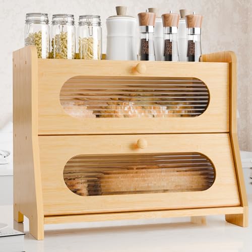 Stylstoreazy Bread Box,Extra Large 2-Tier Bamboo Bread Box for Kitchen Countertop,Bread Storage Container with Magnetic Acrylic Door for Homemade Bread,Under Cabinet,Pantry Organizer(Natural)
