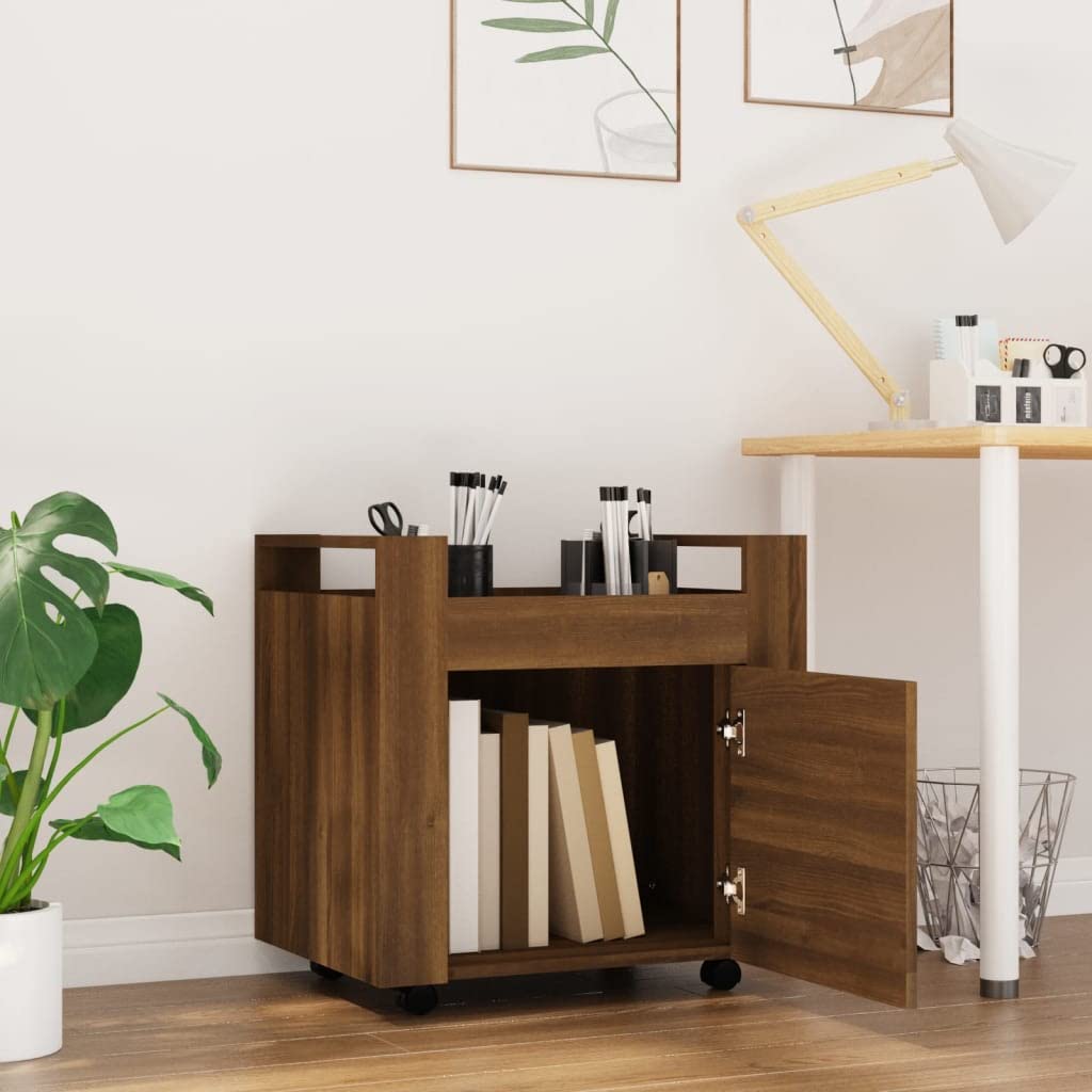 Carro de oficina genérico con puerta, 60 x 45 x 60 cm, madera de ingeniería roble marrón, almacenamiento bajo escritorio sobre ruedas, 4 ruedas móviles para organizar suministros y documentos