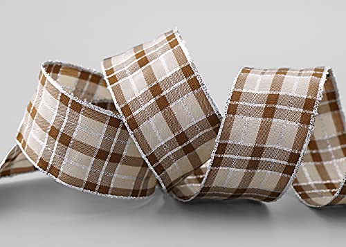 finemark 20 m x 40 mm Checked Christmas Ribbon Taupe Silver (225) with Lurex Wire Edge Ribbon Decorative Ribbon Gift Ribbon Tartan Check Shiny Ribbon Gold Edge Wire Ribbon Winter Christmas Check - Image 3