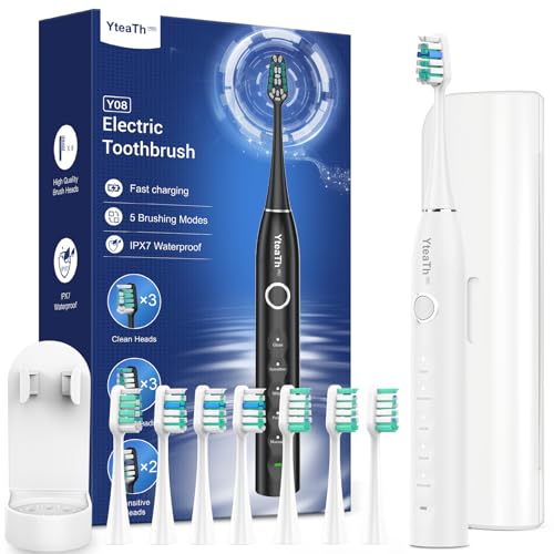 Cepillo de Dientes Eléctrico Sónico Adultos con 8 Cabezales, Blanco Lechoso