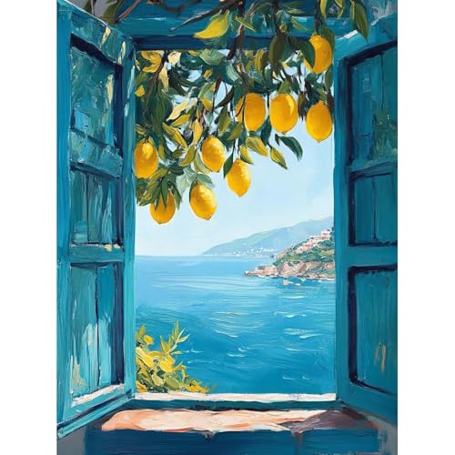 Yaostarart Coastal Lemon Tree Paint by Numbers for Adults Window View Adult Paint by Numbers Landscape Painting by Numbers for Adults Perfect for Gifts Home Wall Decor 12x16inch Mediterranean