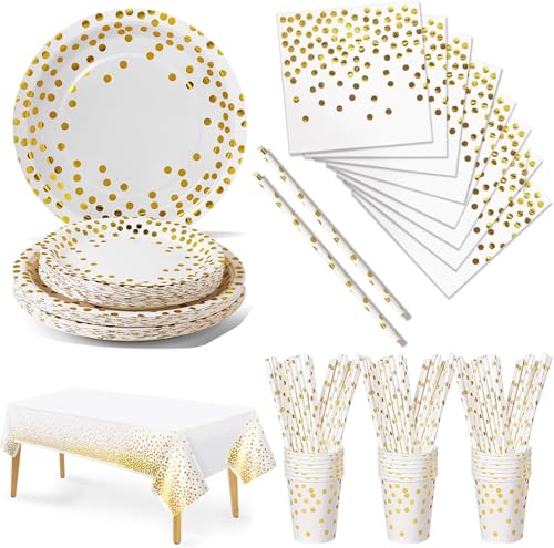 Nkaiso 126pcs Blanc Or Party Vaisselle,Happy Everyday Decoration fête Anniversaire Kit,Papier Assiette Papier Tasse Serviette Pailles Nappe,en Mariages Baby...