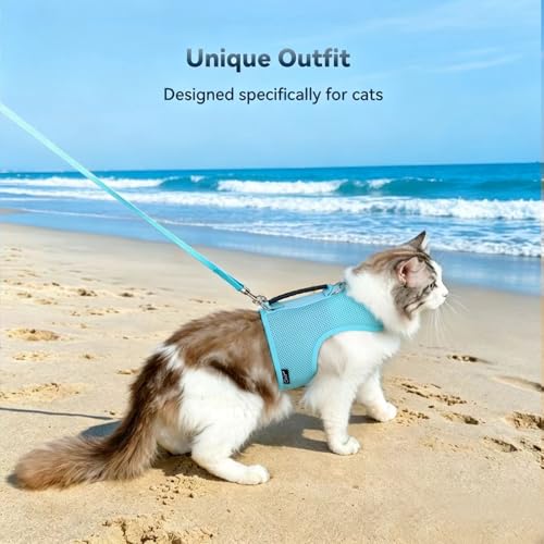 Image of Kitty Harness and Leash for Walking Escape Proof Breathable Mesh Fabric, Turquoise, Small, Adjustable Cat Walking Jackets with Handle, Padded Stylish Cat Vest