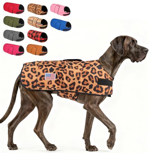 Image of BEAUTYZOO Dog Winter Coat for X-Large Dogs, Waterproof Canvas Jackets | Warm Fleece Great Dane Sweater, Reflective Cold Weather Coats, Windproof Blanket Clothes for Female Male Doggie, Leopard XL