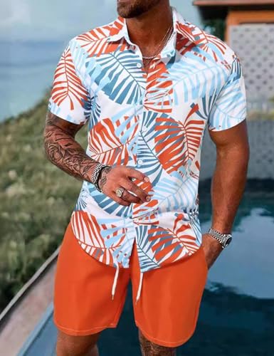 Image of Yimoon Men's Summer 2 Piece Outfits Tropical Print Short Sleeve Button Down Hawaiian Beach Shirt and Shorts Set