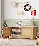 Zeibospri Rattan Shoe Storage Bench with Cushion, 39.4' Wide Entryway Bench with Adjustable Shelf, Hidden Shoe Organizer Cabinet, for Hallway, Living Room, Bedroom, Natural Oak