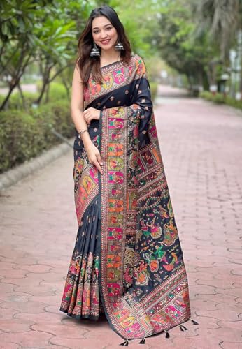 SGF11 Women's Kanjivaram Soft Silk Saree With Blouse Piece (Black) 6.3metres - Image 3
