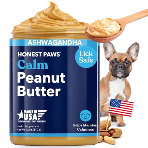 Honest Paws Calming Peanut Butter for Dogs Dog Supplement with Ashwagandha Valerian Root & L-Tryptophan Supports Relaxation & Balanced Behavior Made in USA 12 oz