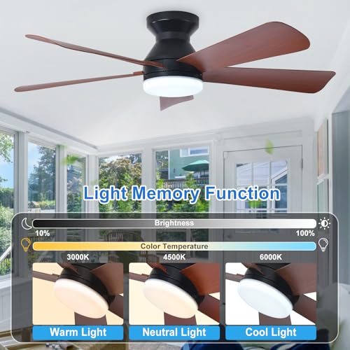 Image of Depuley 42-Inch Ceiling Fans with Light: Walnut 5 Blade Low Profile Ceiling Fan for Kitchen Bedroom - Flush Mount Ceiling Fan for Indoor /Outdoor with Remote Control Reversible Timer - 2 Packs