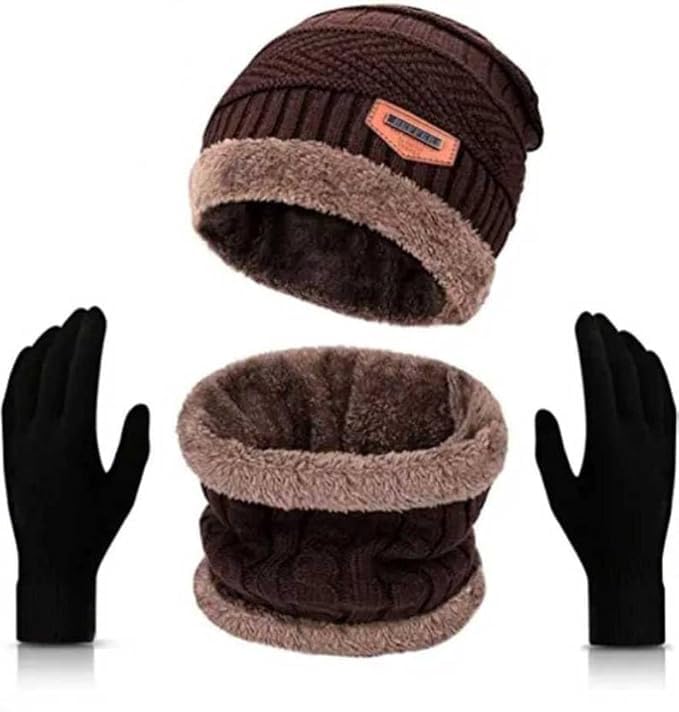 GIFFEMANS Winter Knit Beanie Cap Hat Neck Warmer Scarf and Woolen Gloves Set for Men & Women (3 Piece)-image-19