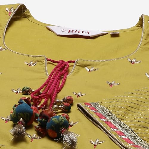 BIBA Women's Lime Green Cotton Anarkali Kurta Palazzo Suit Set_46 - Image 4