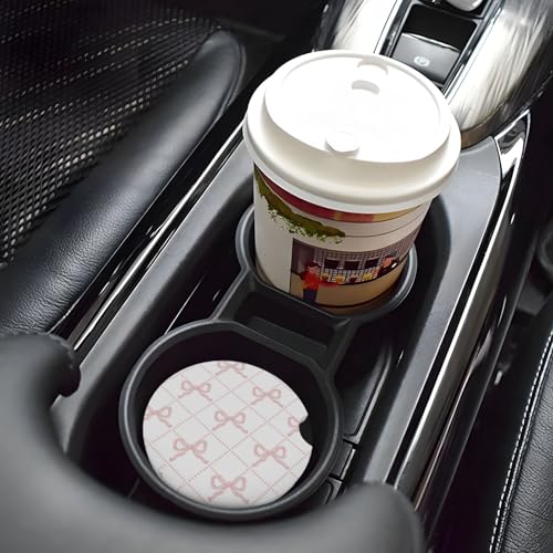 Image of Pink Bow Car Coasters for Cup Holder Absorbent Ceramic Cup Coaster 2 Pack Anti Slip Car Interior Accessories with Finger Notch Cork Base for Women Men 2.56 inch