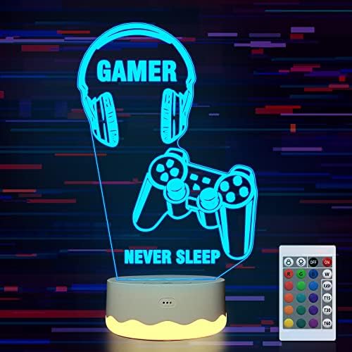 CooPark Game 3D Night Light, Gamepad Illusion Hologram Lamp,16 Colors Changing + Warm White with Remote Control Timer Dimmable, Novelty Gamer Room Decor Earphone Gifts for Teen Boy Girl Men Women