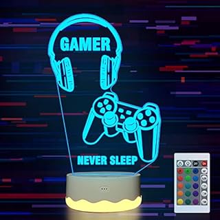 CooPark Game 3D Night Light, Gamepad Illusion Hologram Lamp,16 Colors Changing + Warm White with Remote Control Timer Dimmable, Novelty Gamer Room Decor Earphone Gifts for Teen Boy Girl Men Women
