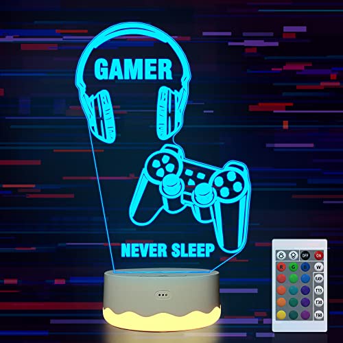CooPark Game 3D Night Light, Gamepad Illusion Lamp,16 Colors Changing + Warm White with Remote Control Timer Dimmable, Novelty Gamer Room Decor Gifts for Teen Boys Men