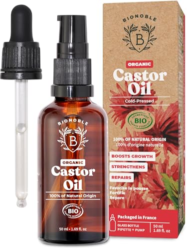 BIONOBLE Organic Castor Oil Cold Pressed - Hexane Free, 100% Natural - Pure Castor Oil Organic for Eyelashes, Hair Growth, Eyebrows, Skin, Face - Glass Bottle with Pipette and Pump - 50ml