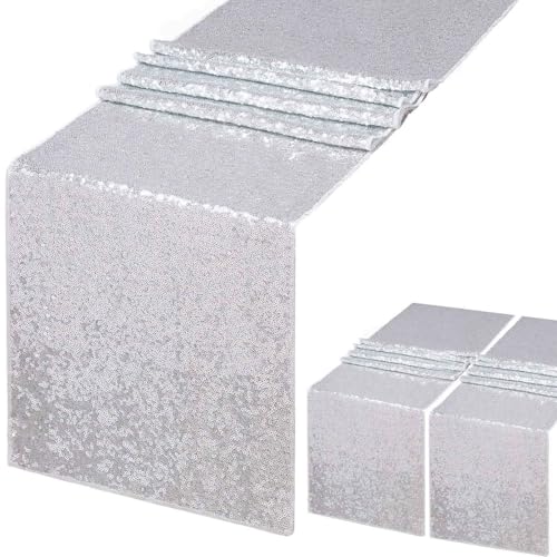 Chemin de Table Argent 2 Pièces 30x180cm Paillette Brillants Chemin de Table pour Fêtes, Mariages, Anniversaires, Noël Décoration