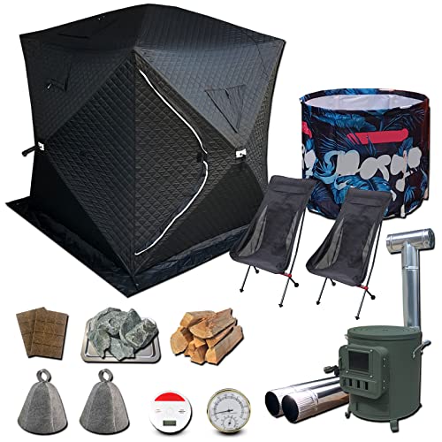 MGC JAPAN TRADE サウナテント セット テントサウナ ブラック 薪ストーブ 水風呂 整い椅子 家庭用サウナ 幅220×奥行220×高さ210 アウトドア