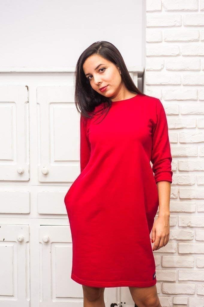 Womens dress in red color, pockets casual dress - 100% Cotton, S/M size
